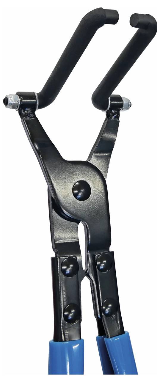 Un outil métallique avec un collier noir en haut et des poignées bleues, conçu pour saisir ou maintenir les objets de manière sécurisée.