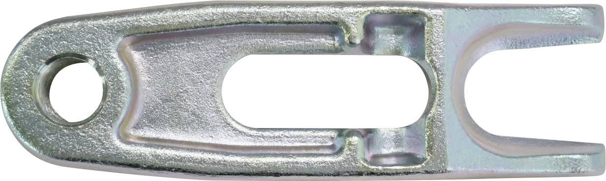 Un outil métallique avec un trou à une extrémité et une ouverture fourchue à l'autre, couramment utilisé pour fixer ou manipuler des composants.