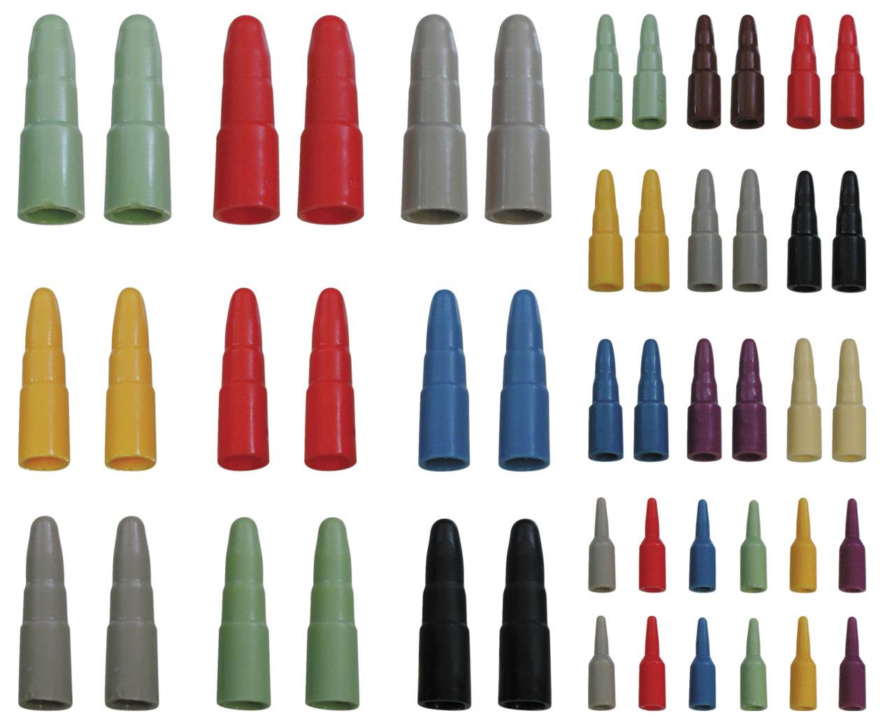 Des connecteurs de fils multicolores sont disposés en rangées. Chaque rangée présente des connecteurs de la même couleur, mettant en évidence une variété de couleurs.
