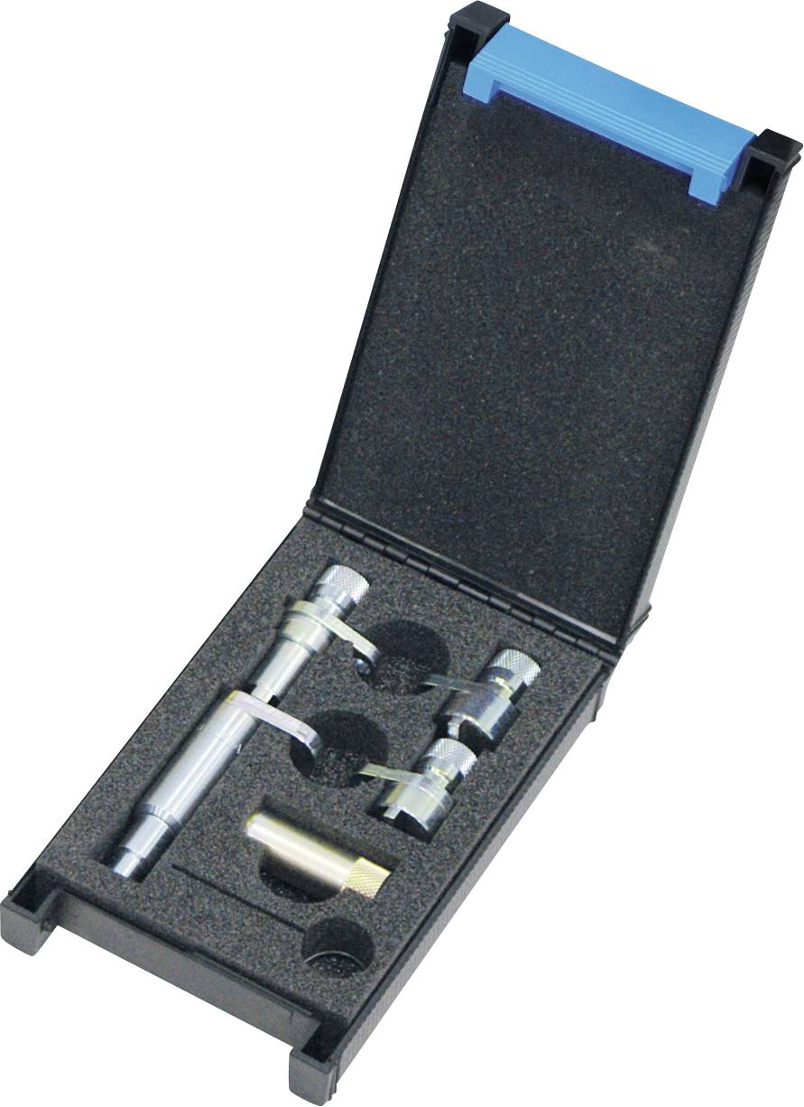 Kit d'outils de serrage dans une boîte bleue ouverte, présentant plusieurs composants métalliques organisés dans des compartiments en mousse pour un rangement sécurisé.