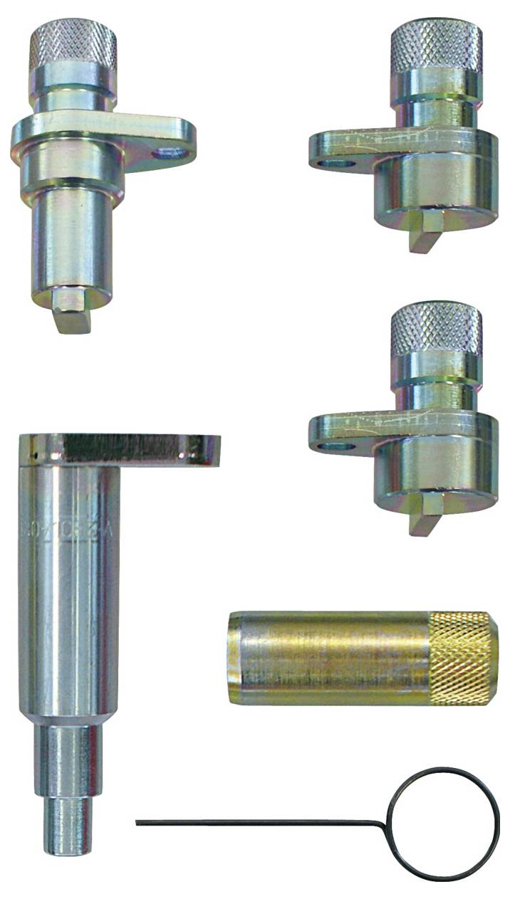Un kit d'outils de calage moteur automobile contenant diverses pièces métalliques, notamment deux boulons de réglage, une goupille de verrouillage et une poignée.