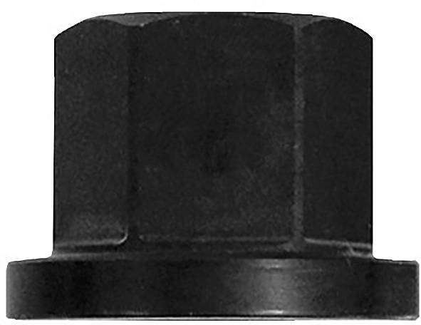 Un écrou métallique hexagonal noir vu de dessus, montrant son sommet plat et sa surface intérieure filetée.