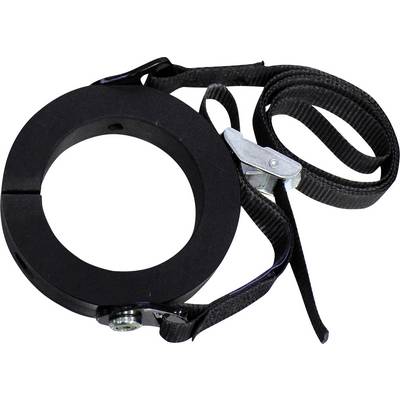 Un collier de serrage en forme d'anneau en acier noir avec boucle de sangle de serrage intégrée.