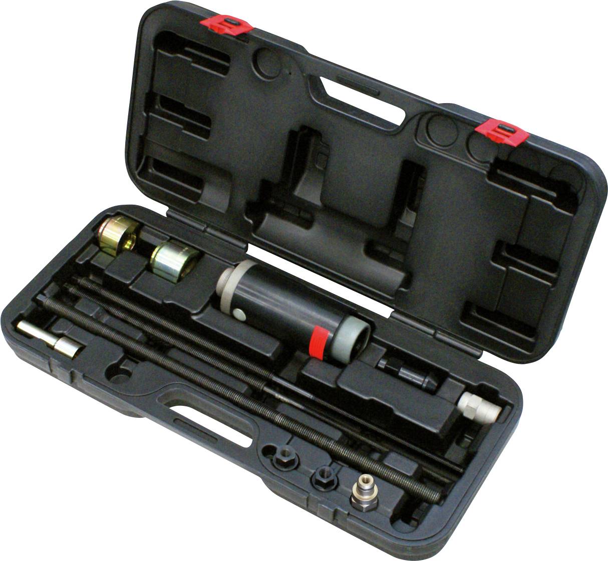 Une boîte à outils noire ouverte contenant divers outils cylindriques et accessoires, arrangés proprement dans des compartiments ajustés.