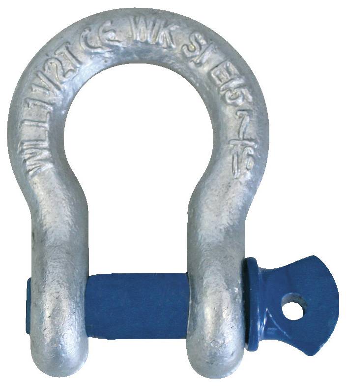 Un manille d'arc en acier avec une goupille bleue, affichant du texte gravé indiquant les spécifications.