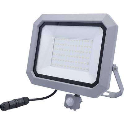 Un projecteur LED gris avec un design rectangulaire, comportant de multiples petites ampoules LED et un détecteur de mouvement, monté sur un support pivotant.