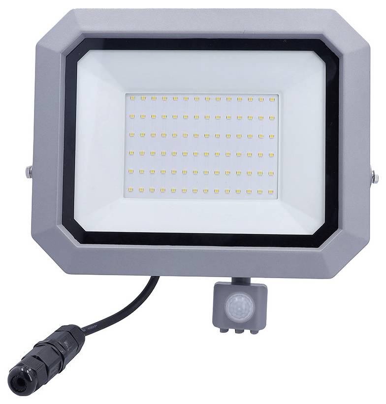 Un projecteur LED rectangulaire doté de nombreuses petites ampoules, un capteur de mouvement cylindrique situé en dessous, et un câble de connexion électrique qui pend.