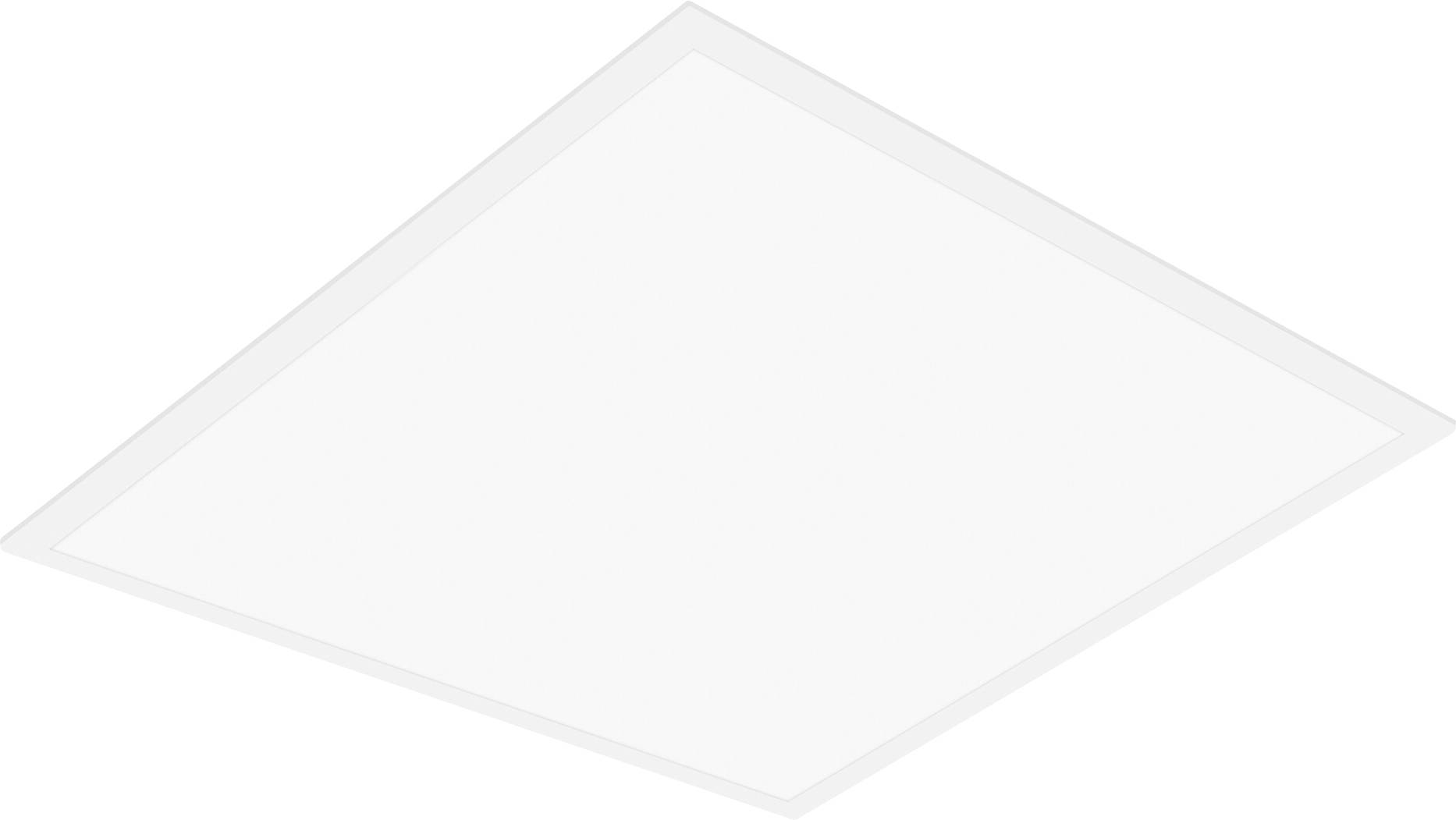Un panneau lumineux LED de plafond blanc, rectangulaire, au design épuré et plat, positionné en angle, adapté aux intérieurs modernes.