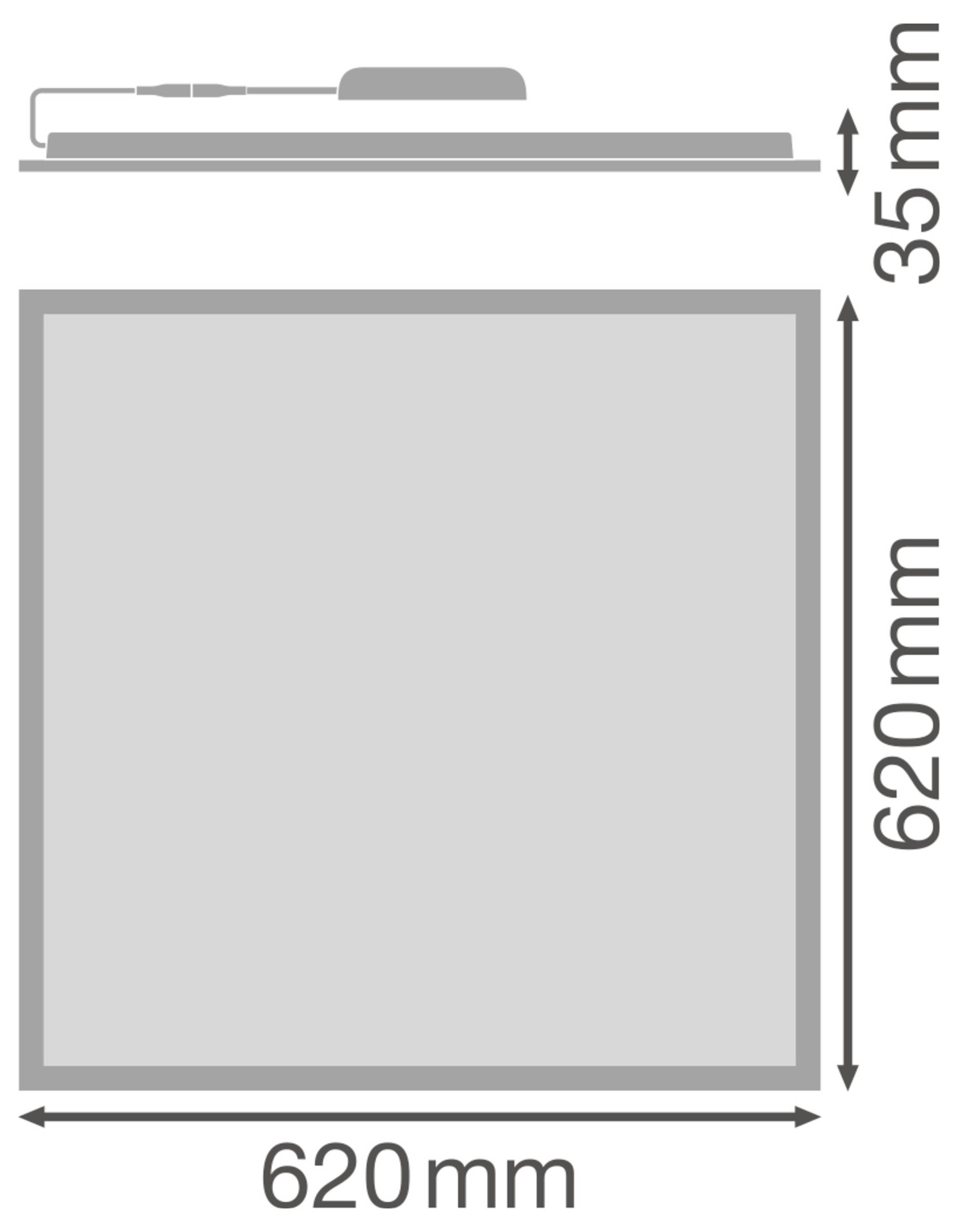 Appareil électronique carré avec des dimensions de 620 mm par 620 mm et une épaisseur de 35 mm. Le bord supérieur est équipé d'un connecteur.