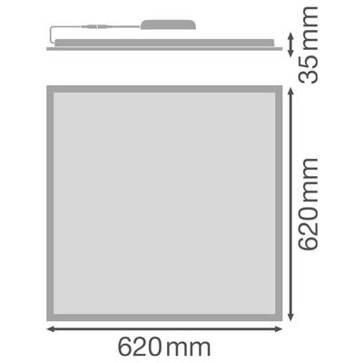 Appareil électronique carré avec des dimensions de 620 mm par 620 mm et une épaisseur de 35 mm. Le bord supérieur est équipé d'un connecteur.