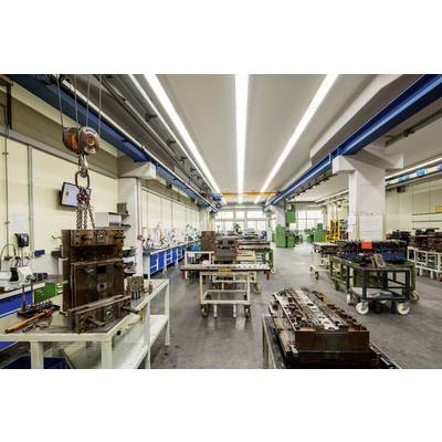 'Intérieur d'atelier de métallurgie avec machines, établis et pont roulant aérien. Les outils et équipements sont organisés le long des murs et des tables.'