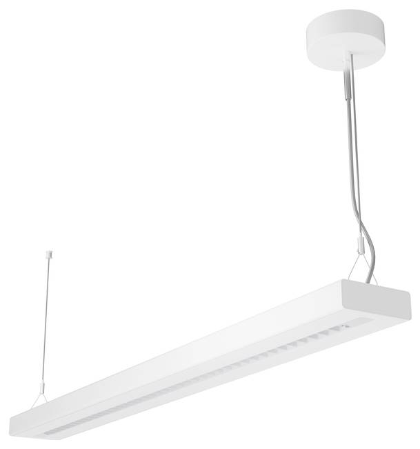 Un luminaire suspendu blanc moderne à design linéaire épuré avec une forme rectangulaire élancée, suspendu au plafond par deux tiges fines.