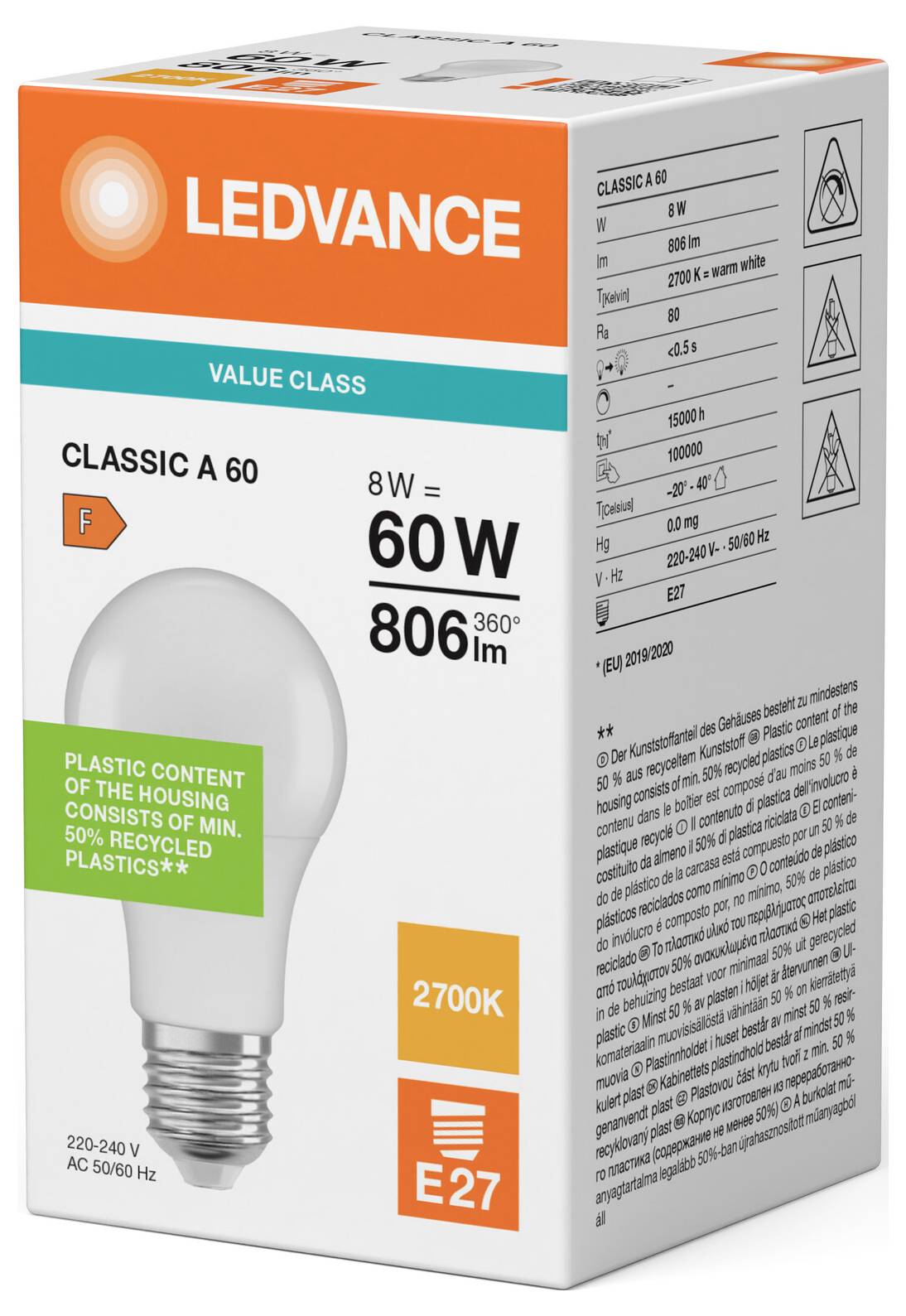 Boîte d'ampoule LED classique A60 de la gamme « Value Class » de LEDVANCE, montrant 8W, équivalent 60W, 806 lm, 2700K, culot E27, et revendication d'emballage en plastique recyclé.