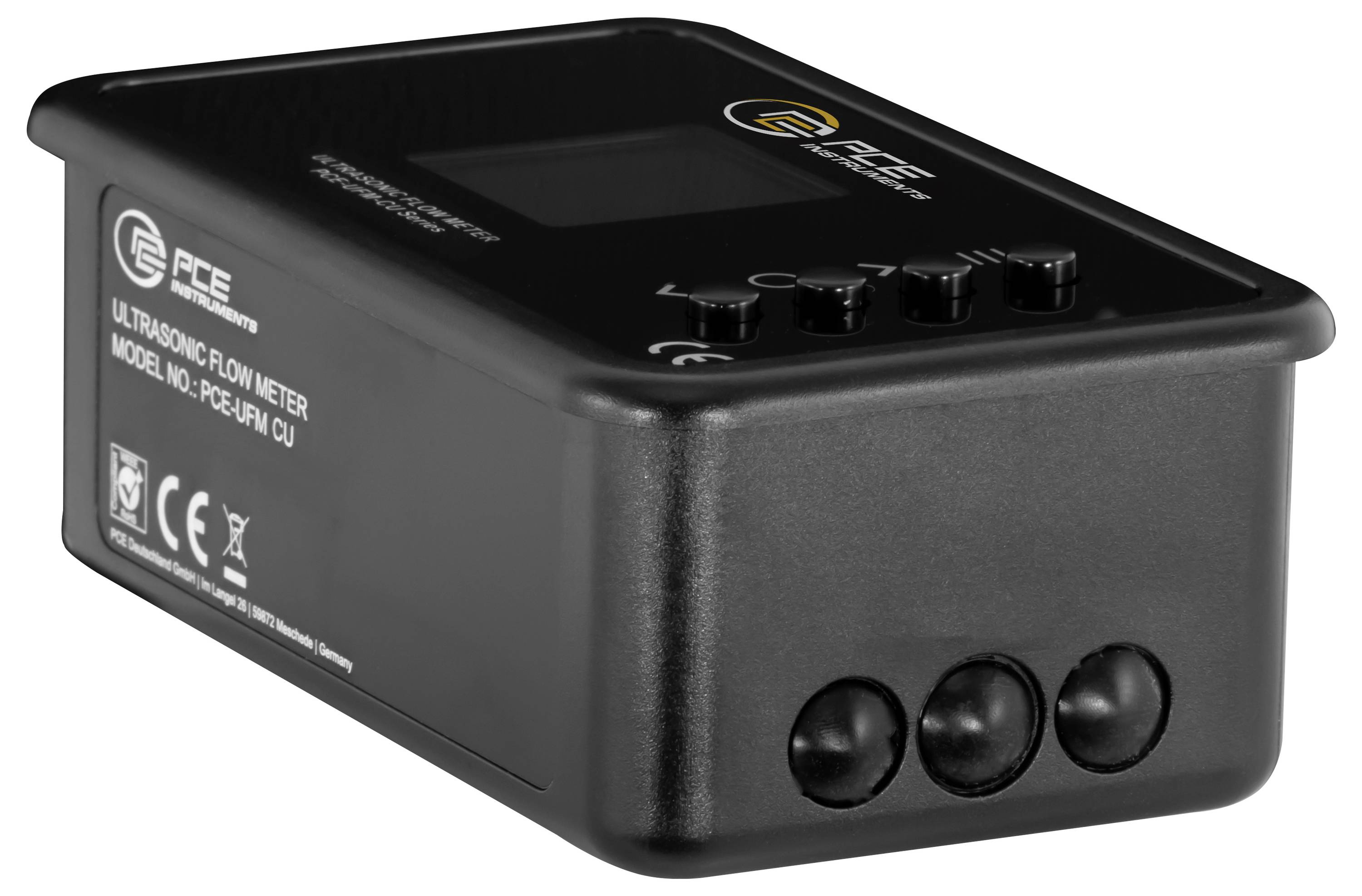 Débitmètre à ultrasons PCE noir avec boutons de commande sur le dessus et trois ports de capteur circulaires sur la façade.