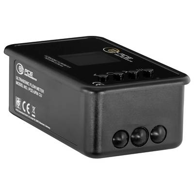 Débitmètre à ultrasons PCE noir avec boutons de commande sur le dessus et trois ports de capteur circulaires sur la façade.