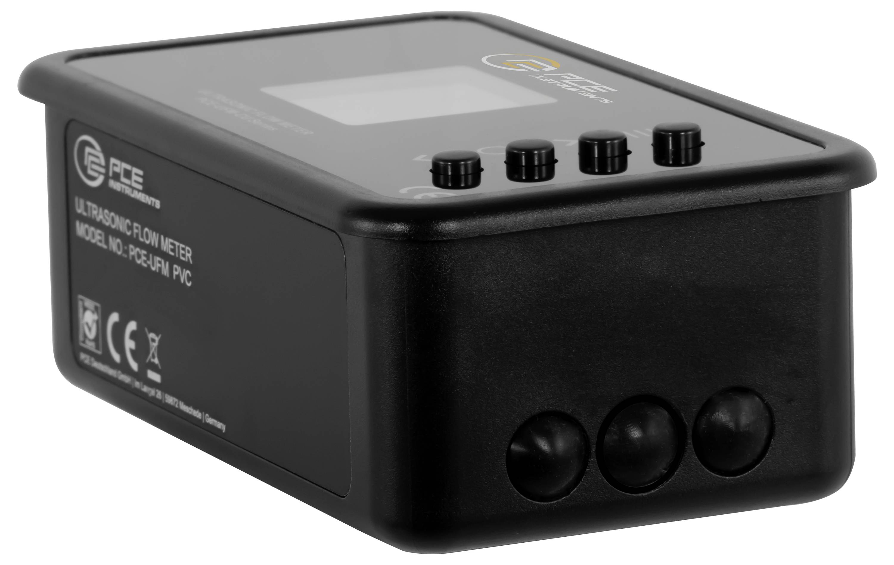 Appareil débitmètre ultrasonique noir avec quatre boutons supérieurs et trois ports avant, présenté dans une vue de style produit.