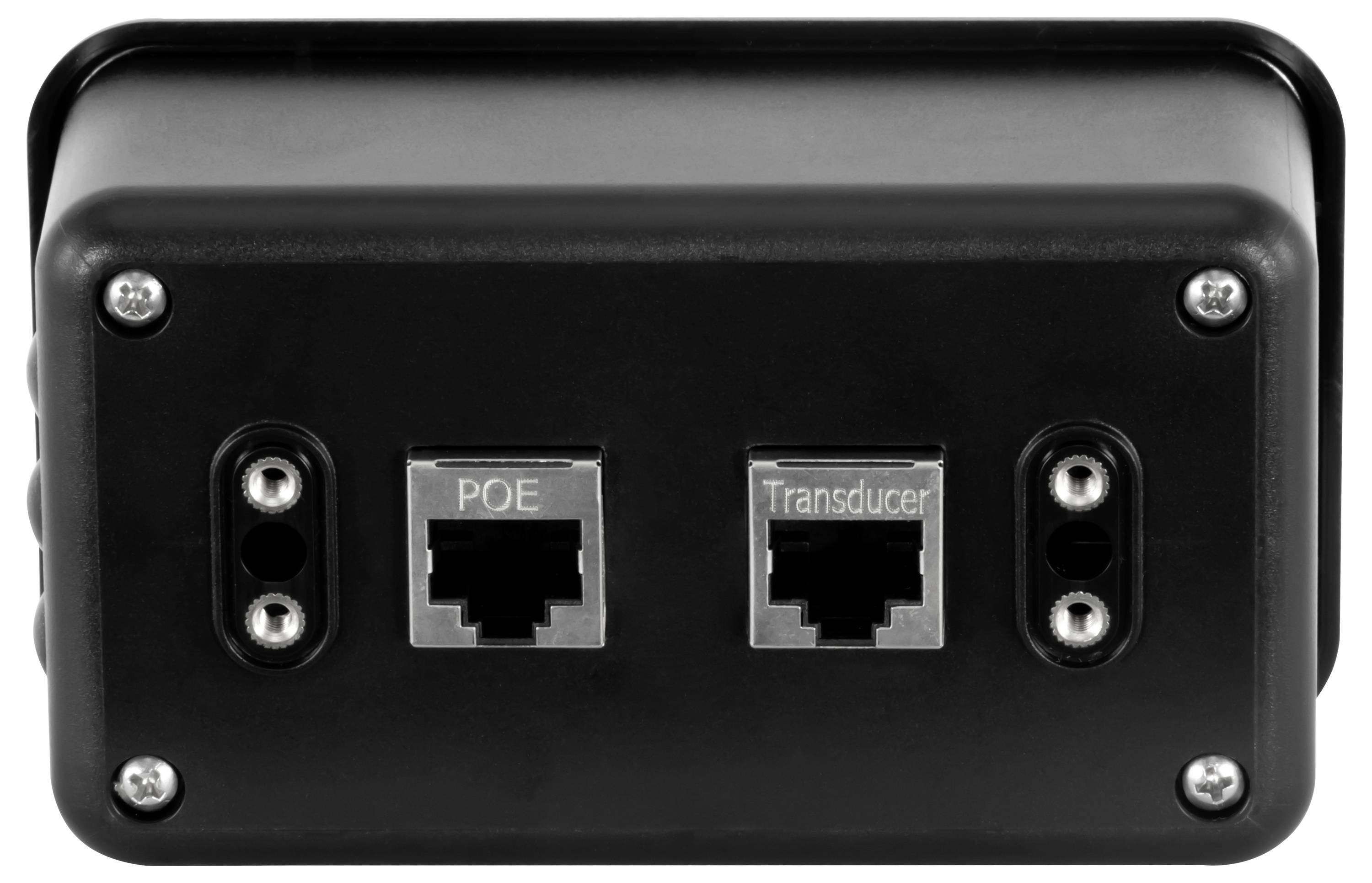Gros plan du panneau arrière d'un dispositif noir avec deux ports de style Ethernet étiquetés « POE » et « Transducteur » et quatre vis de montage.