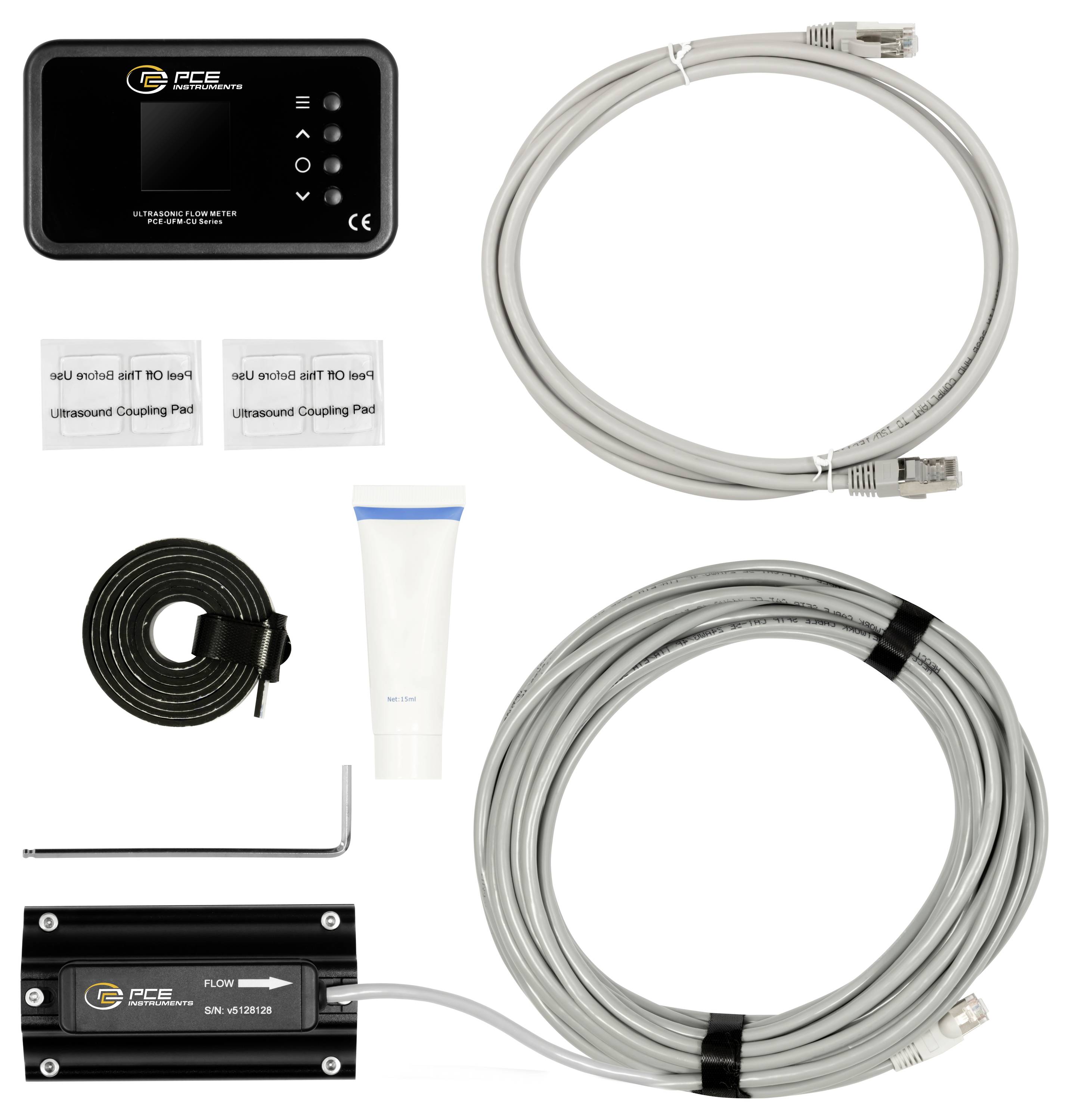 Kit d'équipement d'échographie comprenant une unité de contrôle, deux câbles enroulés, des pads de couplage, un tube de gel et un accessoire capteur/transducteur.