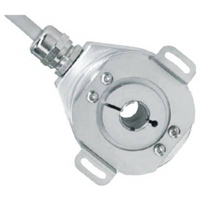 Un codeur rotatif métallique avec connexion par câble, doté de supports de montage et d'une ouverture d'arbre central, utilisé pour la détection de mouvement.