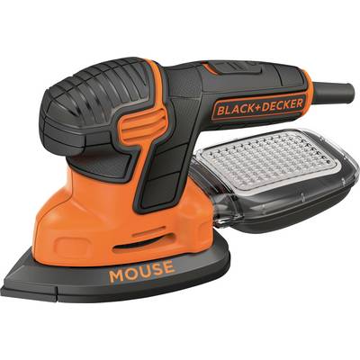 Ponceuse 'BLACK+DECKER MOUSE' détail en noir et orange, montrant son design ergonomique avec des caractéristiques de collecte de poussière.
