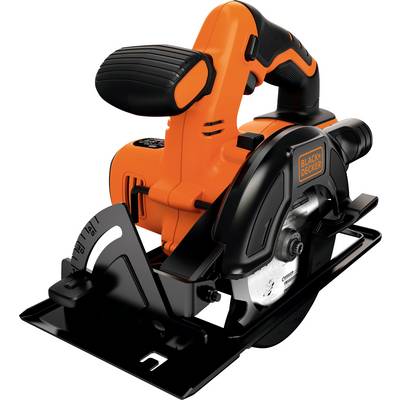 Une scie circulaire compacte orange et noire avec une poignée visible et une lame, marquée de la marque « Black & Decker » sur le côté.