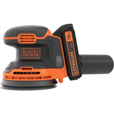 Un ponceuse sans fil compacte Black+Decker 18V au lithium avec une poignée ergonomique et un système de collection de poussière détachable.