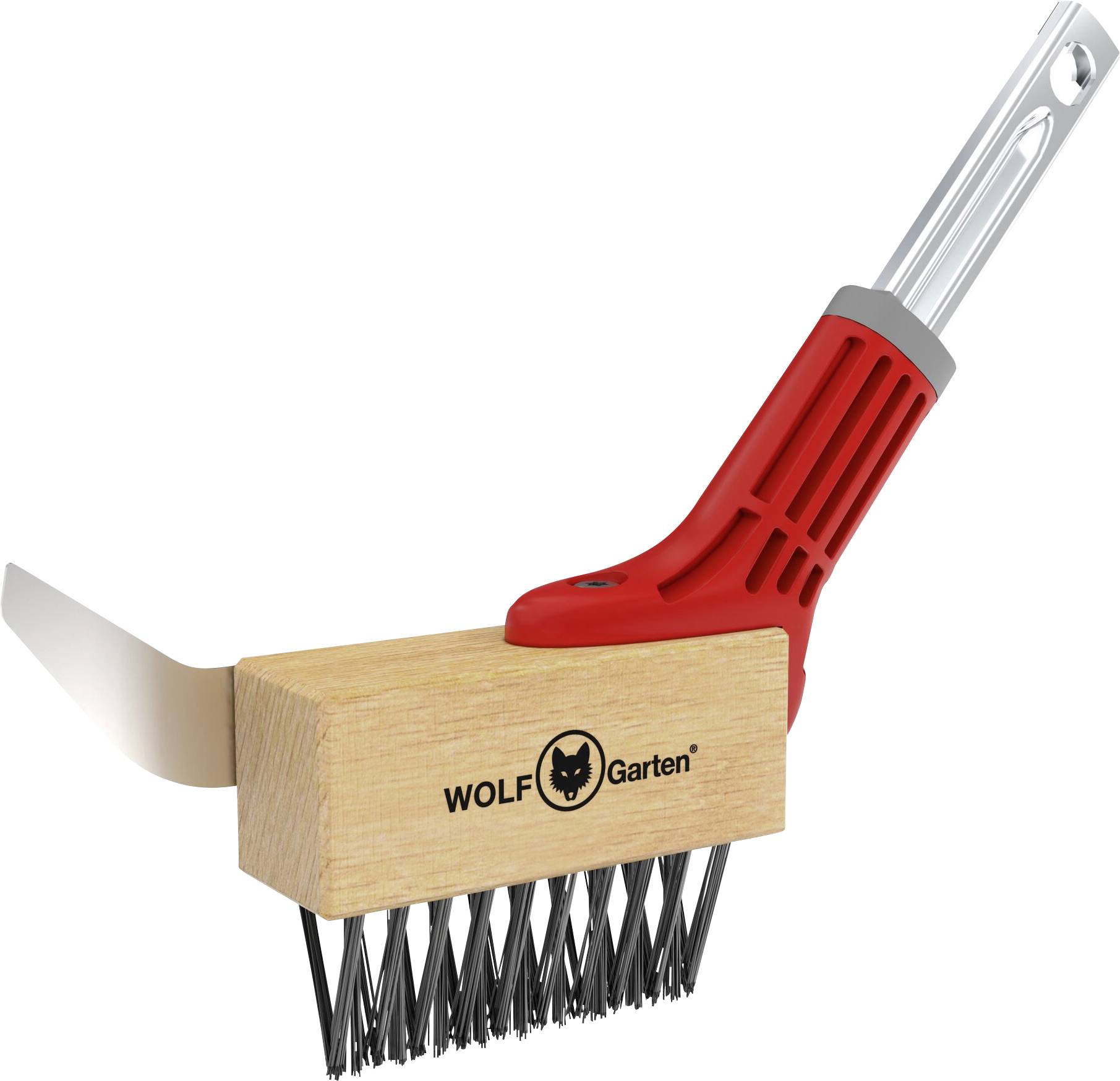 Un outil de jardinage avec un manche ergonomique rouge et une base en bois portant l'étiquette « WOLF-Garten », doté de soies métalliques et d'une lame latérale pointue pour le désherbage.