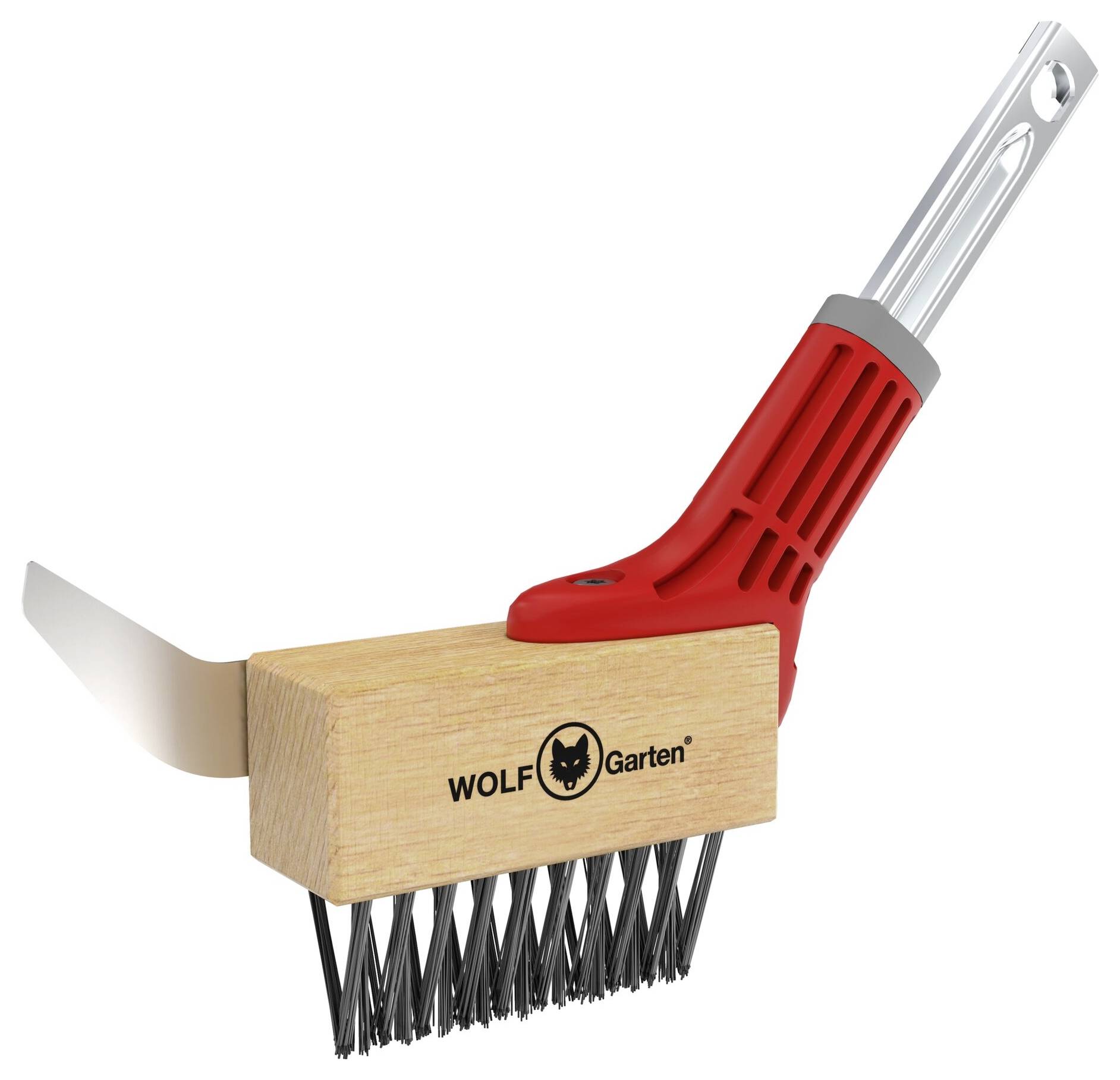 Outil de jardin rouge et en bois avec une lame métallique et des poils, marqué « WOLF-Garten ».