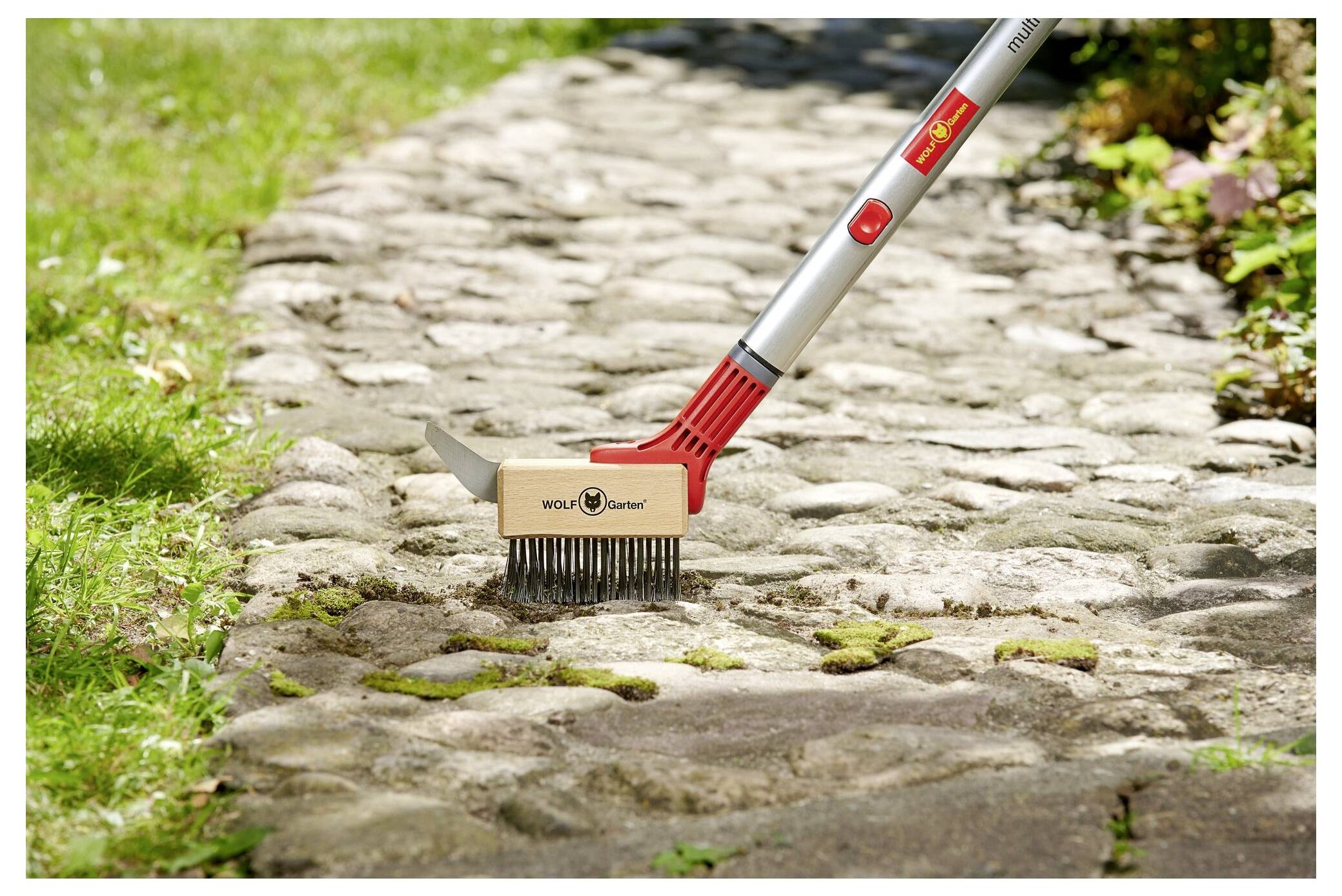 Un outil de jardinage à manche rouge est utilisé pour nettoyer la mousse des pierres sur un chemin pavé entouré d'herbe et de petites plantes.