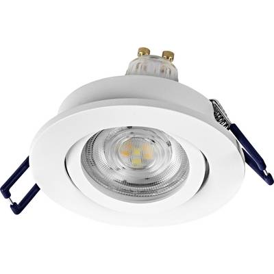 Une luminaire de plafond encastré blanc avec une ampoule LED circulaire et des clips métalliques, conçu pour les installations d'éclairage résidentiel ou de bureau.