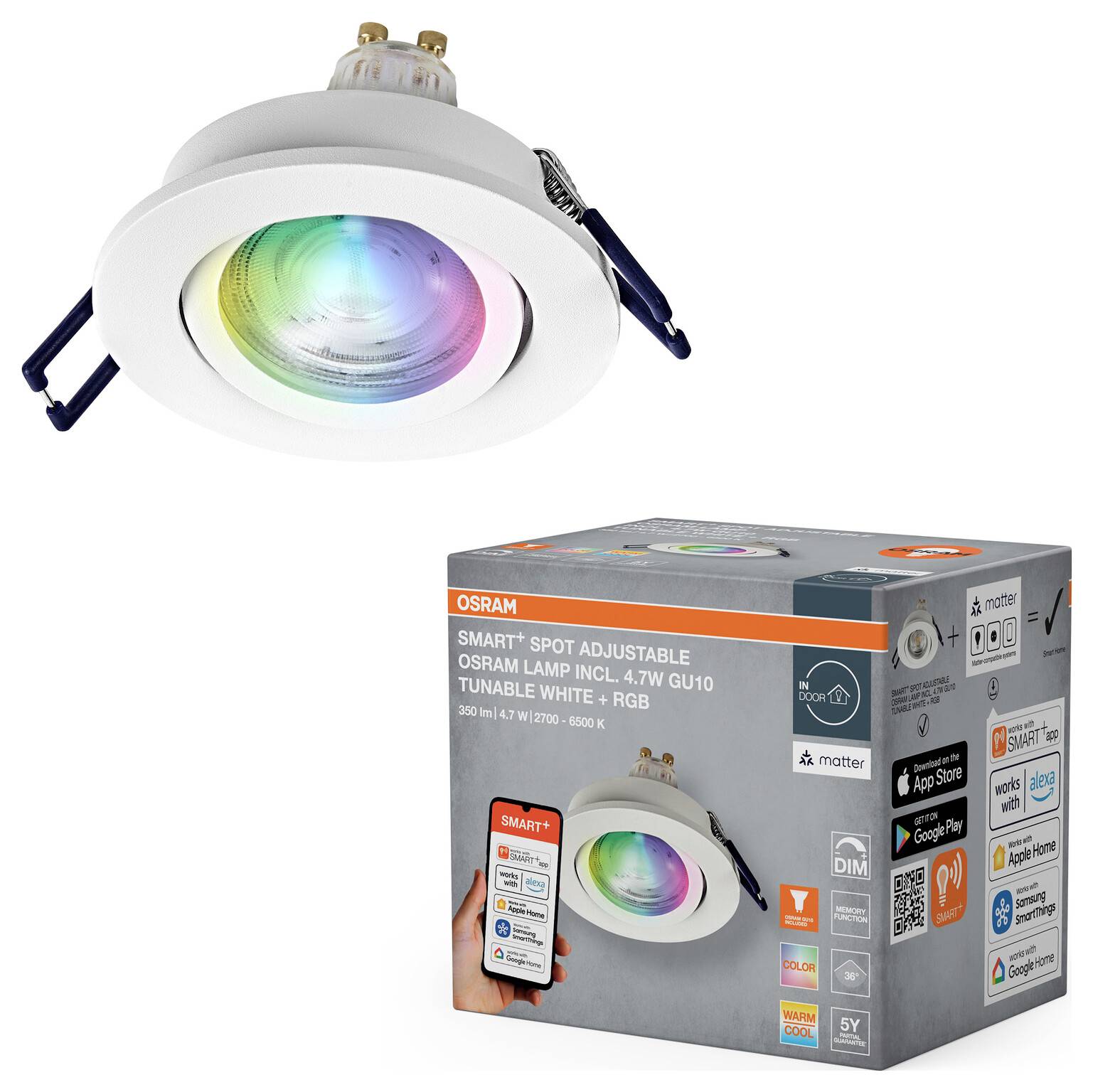 Projecteur intelligent encastré avec couleur ajustable, doté d'une lampe OSRAM, 4,7W GU10, blanc accordable et RVB, compatible avec Matter.