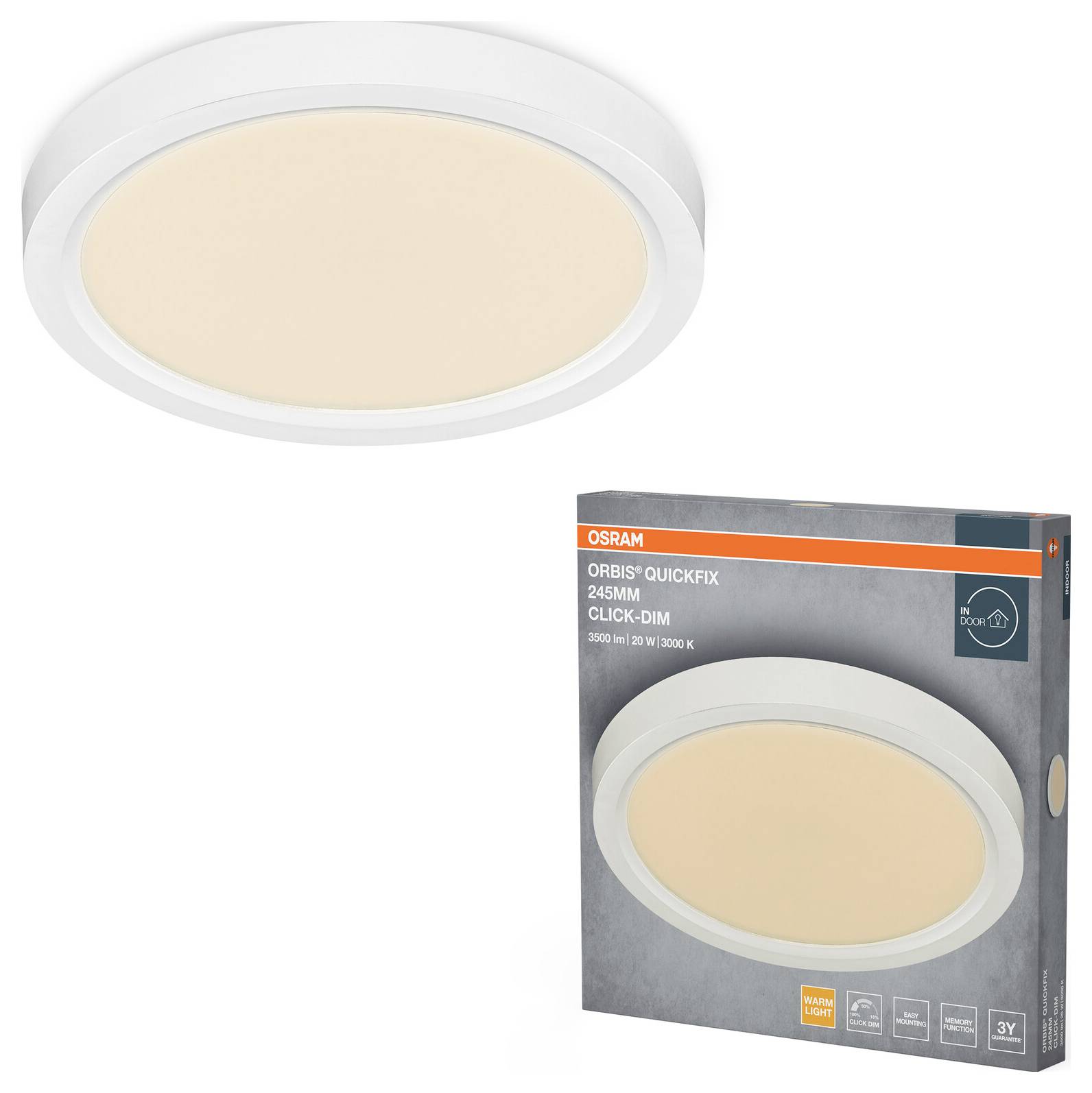 Lampe de plafond ronde, blanche avec une lueur chaleureuse. Présentée avec son emballage, étiqueté « OSRAM Orbis Quickfix 24cm Click-Dim ».
