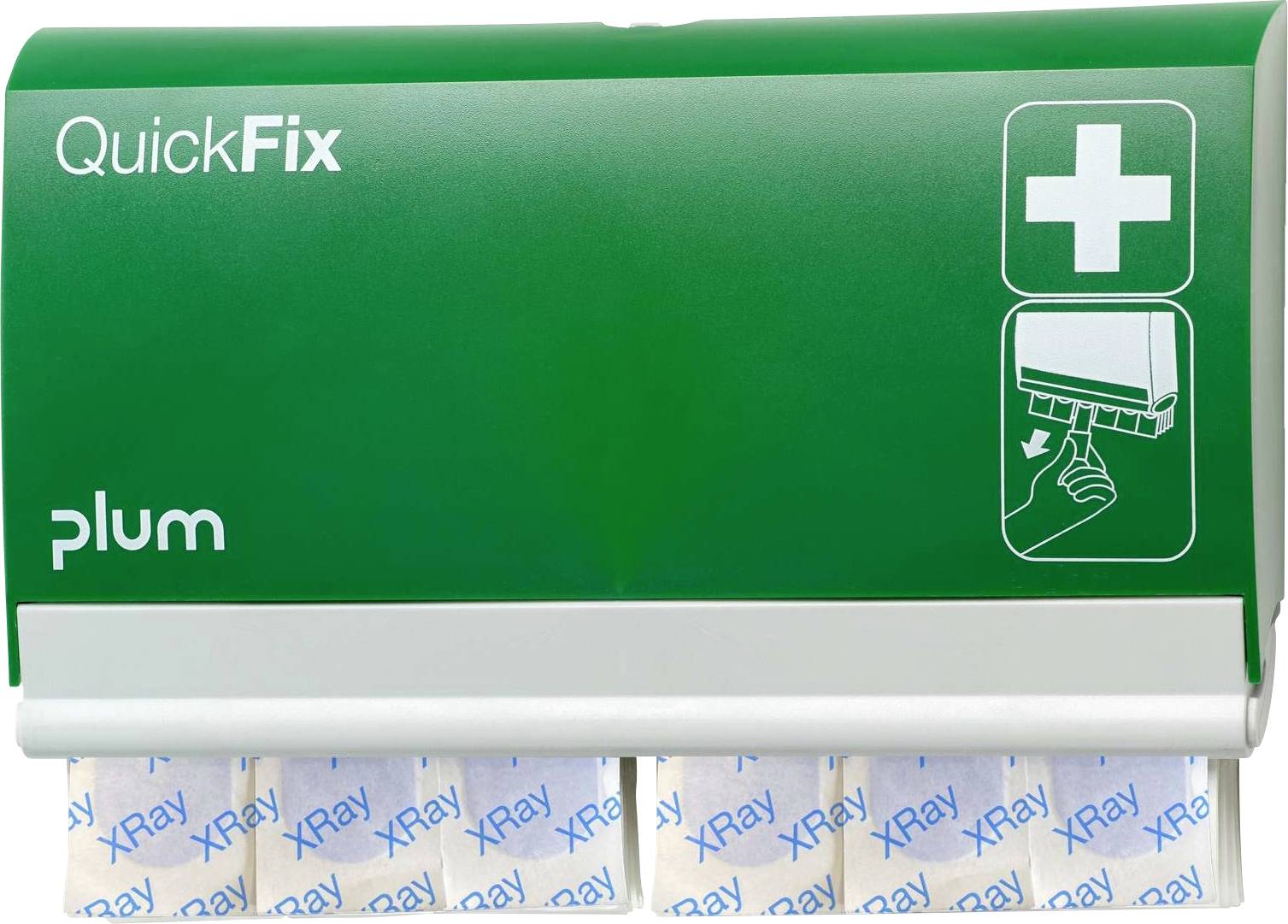 Un distributeur de pansements vert avec l'inscription « QuickFix » et un symbole de premiers secours. Le volet inférieur s'ouvre pour retirer les pansements.