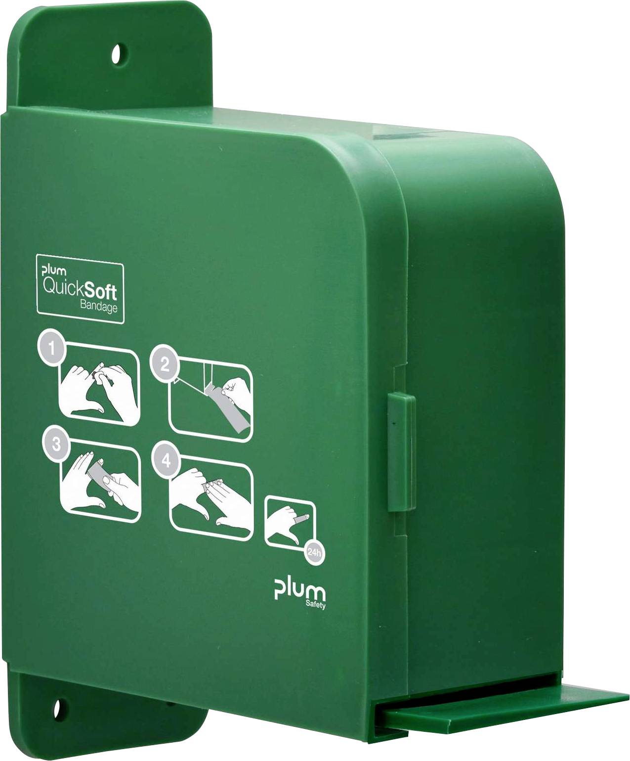 Distributeur de pansements verts avec instructions d'utilisation. Étapes : se laver les mains, retirer le pansement, appliquer le pansement, terminé.