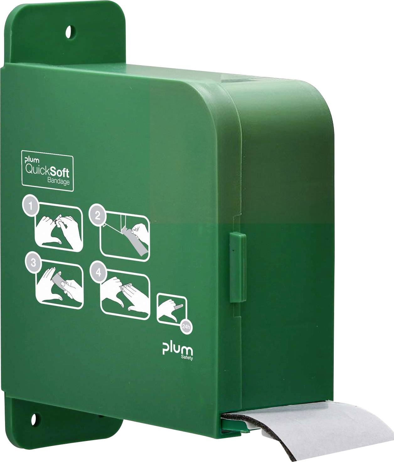 Distributeur mural vert pour pansements avec quatre instructions graphiques pour l'application d'un pansement.