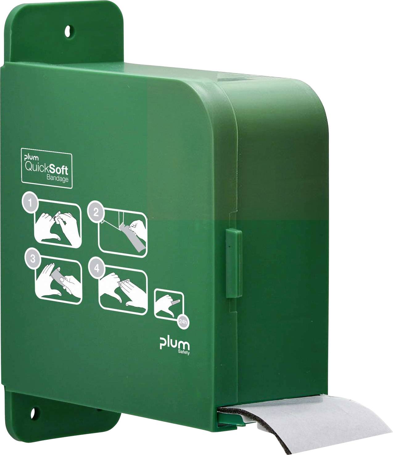 Distributeur vert avec instructions illustrées pour l'application de pansements. Le distributeur délivre des bandages auto-adhésifs.