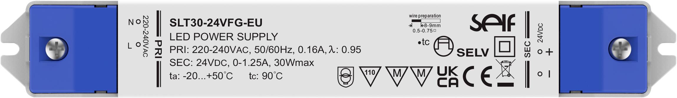 Alimentation LED 'SLT30-24VFG-EU' avec entrée 220-240VAC et sortie 24VDC, 1,25A, 30W max. Température de fonctionnement : -20 à 40°C.