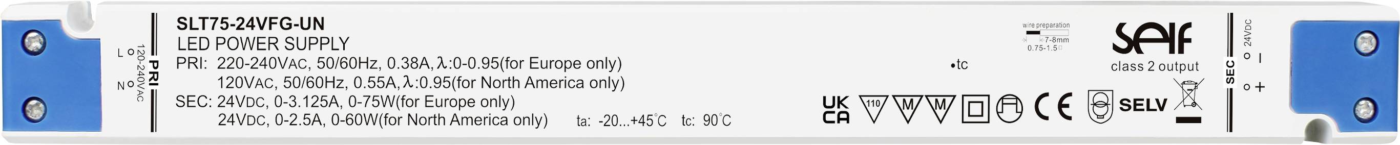 L'image montre une alimentation électrique LED avec les spécifications suivantes : Modèle SLT15-24VF-UN, entrée 220-240VAC, sortie 24V DC, certifications CE et TUV.