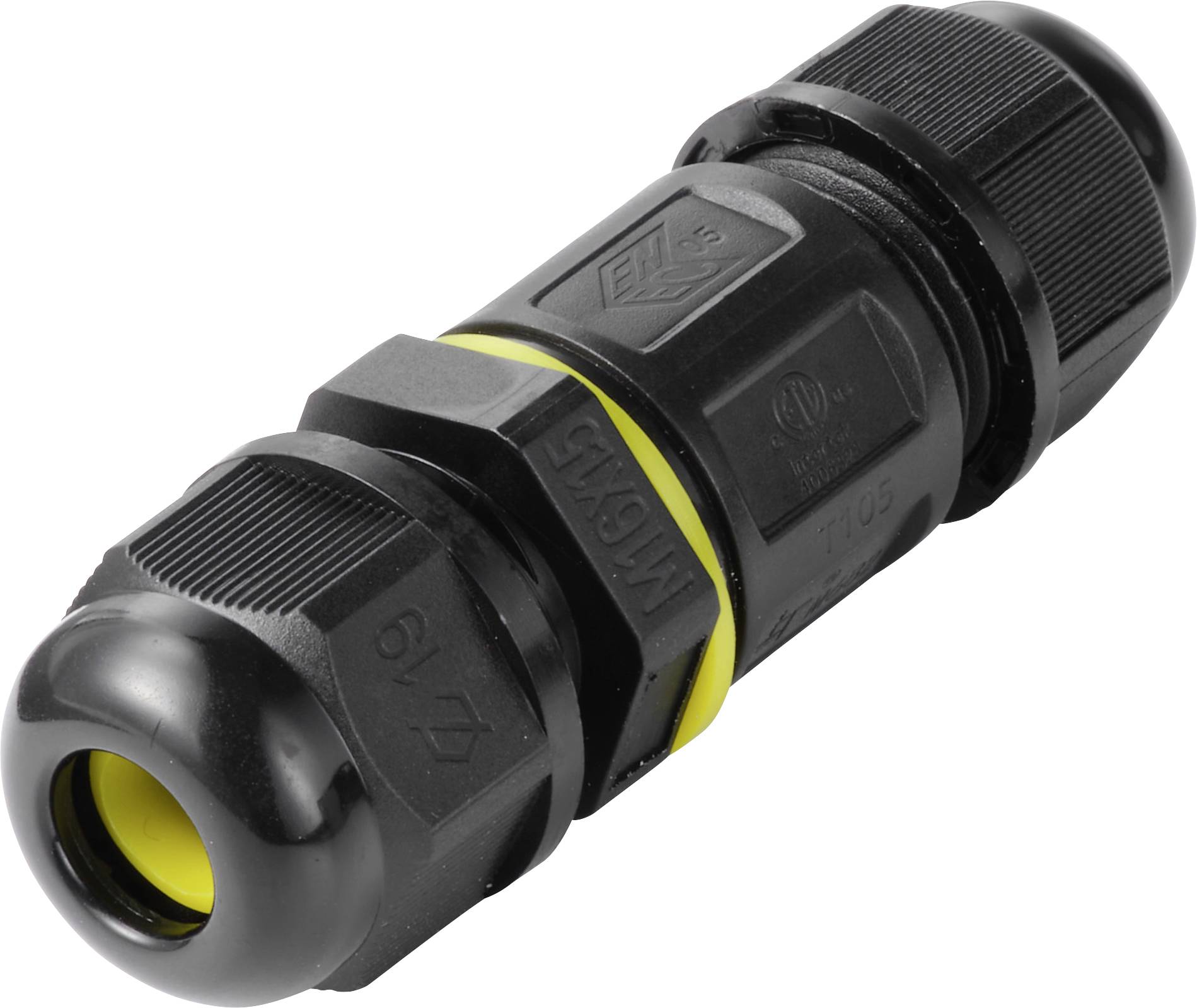 Passe-câble étanche noir avec bague d'étanchéité jaune, présenté sur fond blanc.