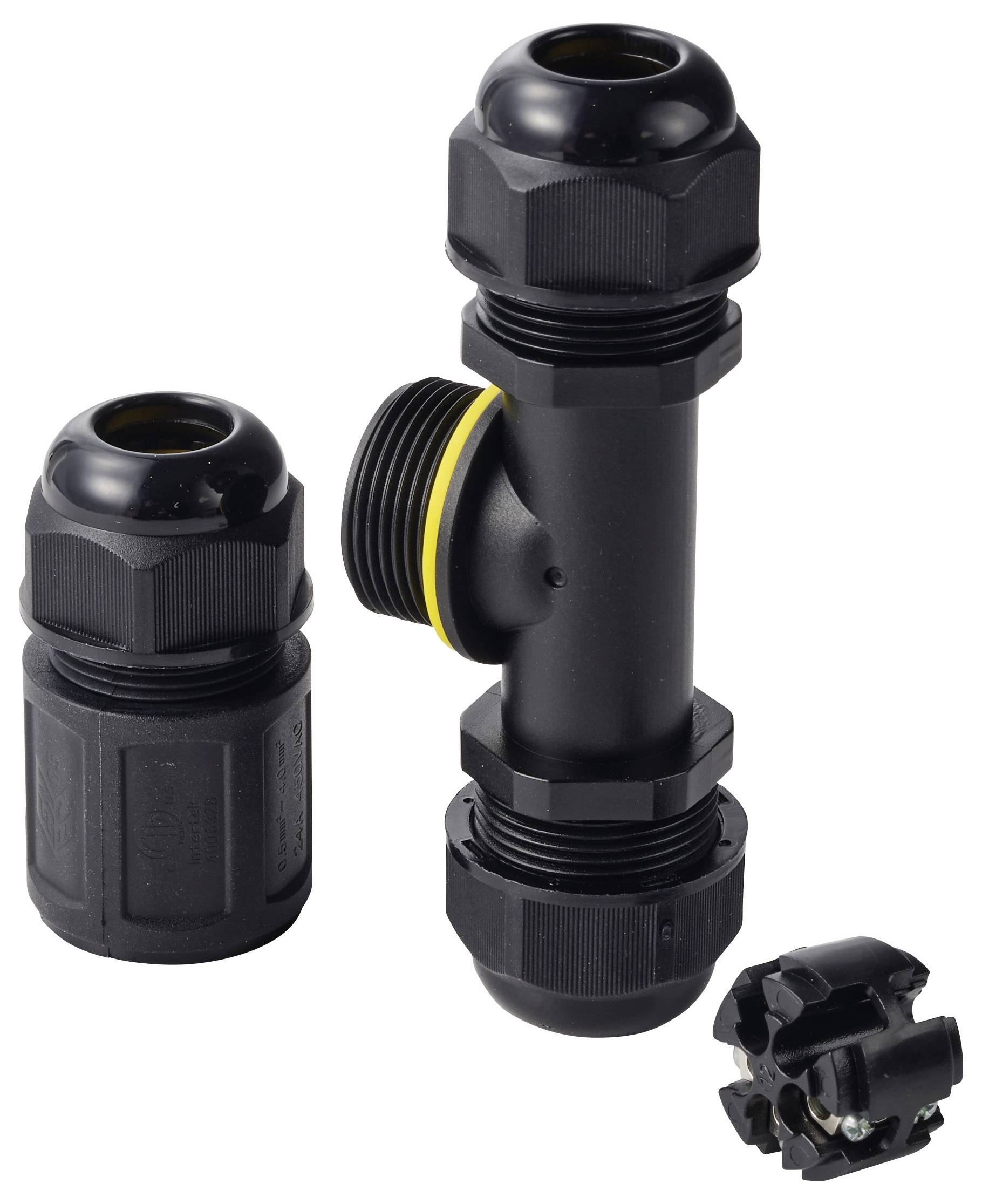 Connecteur de câble TRU COMPONENTS en T IP68 étanche, 3 entrées, contact vis 3 broches, 0,5-4,0 mm² TC-14745256 noir TRU-3