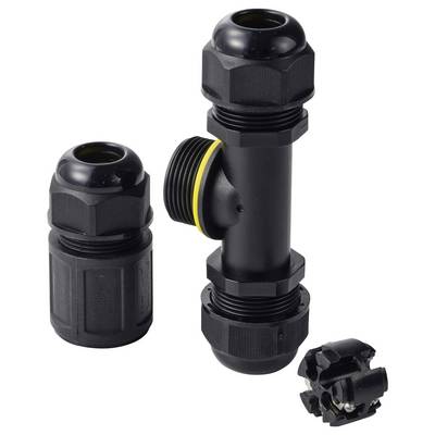 Connecteur de câble TRU COMPONENTS en T IP68 étanche, 3 entrées, contact vis 3 broches, 0,5-4,0 mm² TC-14745256 noir TRU-3