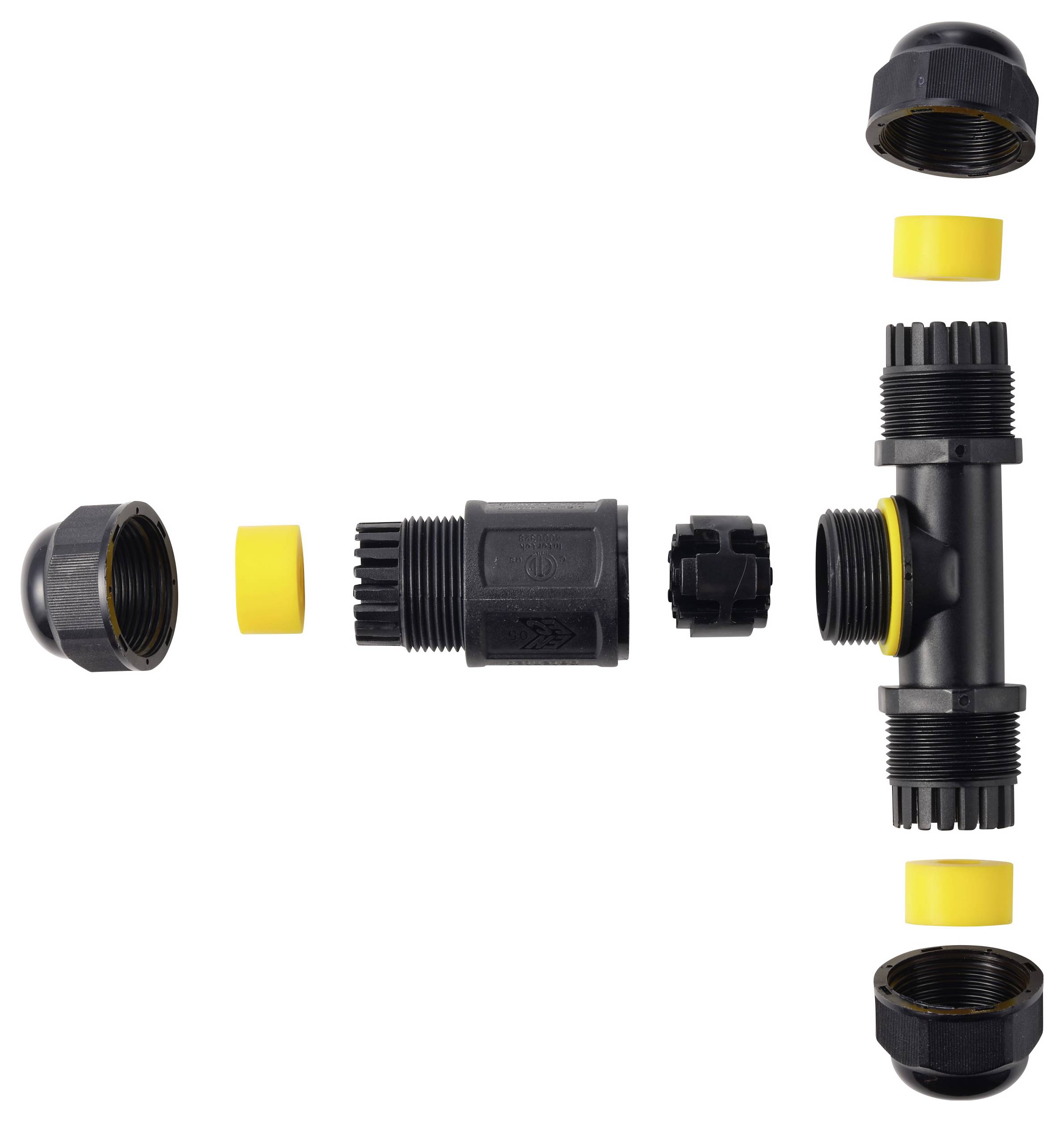 Connecteur de câble TRU COMPONENTS en T IP68 étanche, 3 entrées, contact vis 3 broches, 0,5-4,0 mm² TC-14745256 noir TRU-4
