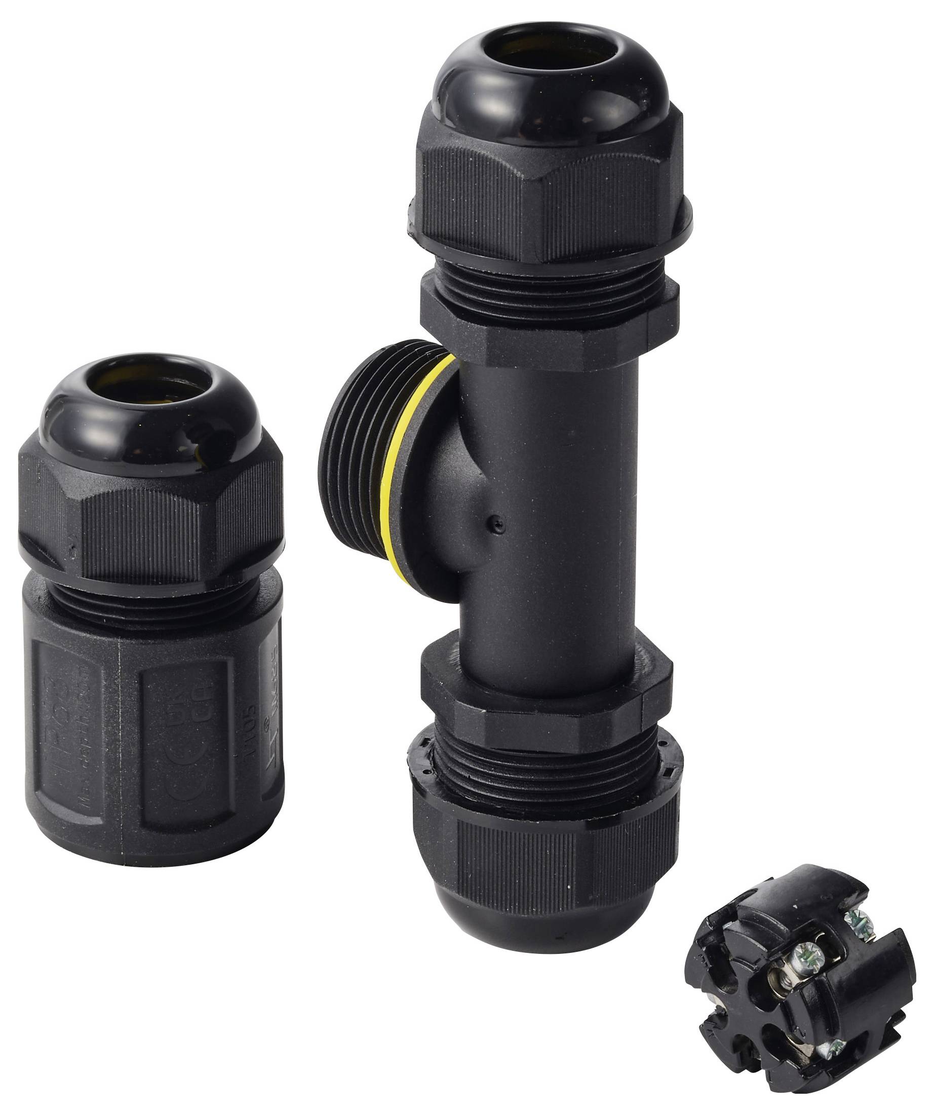 Connecteur de câble TRU COMPONENTS en T IP68 étanche, 3 entrées, contact vis 5 broches, 0,5-4,0 mm² TC-14745260 noir TRU-3
