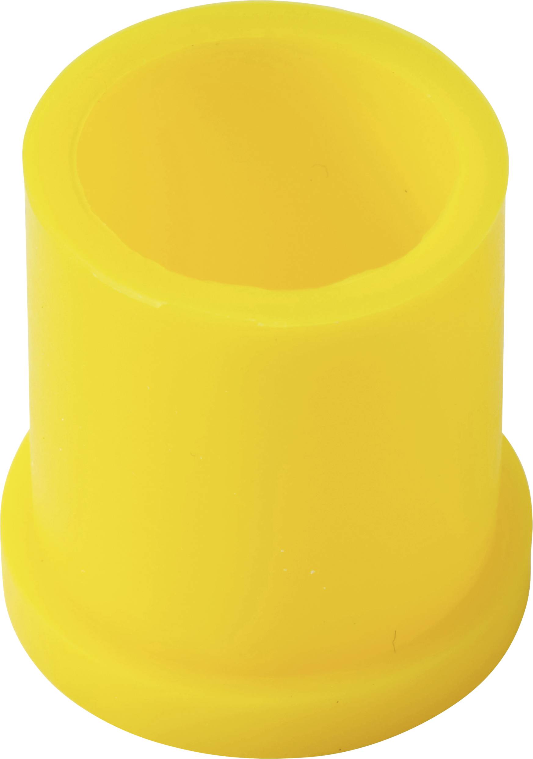Douille ou espaceur en plastique jaune avec base à bride, présenté isolé sur fond blanc.
