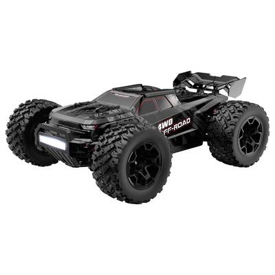 Camion RC tout-terrain noir avec pneus surdimensionnés, barre lumineuse avant et marquage « 4WD OFF-ROAD » sur fond blanc.