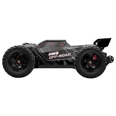 Vue latérale d'une voiture tout-terrain télécommandée 4WD noire avec des pneus surdimensionnés et des accents rouges sur un fond blanc.