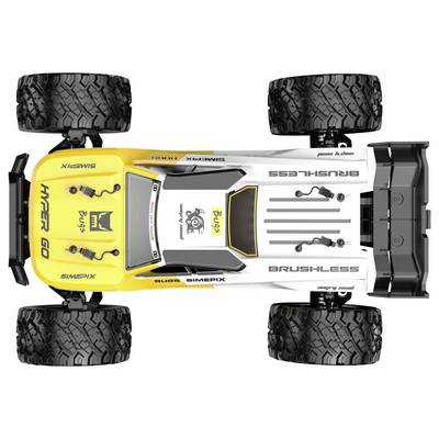 Vue de dessus d'une buggy RC tout-terrain jaune, blanche et noire avec de grands pneus à crampons et des marques « HYPER GO » et « BRUSHLESS ».