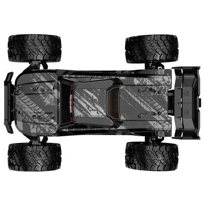 Vue de dessus d'un camion RC tout-terrain robuste avec des pneus surdimensionnés et un aileron arrière, présenté en camouflage gris sur un fond blanc.