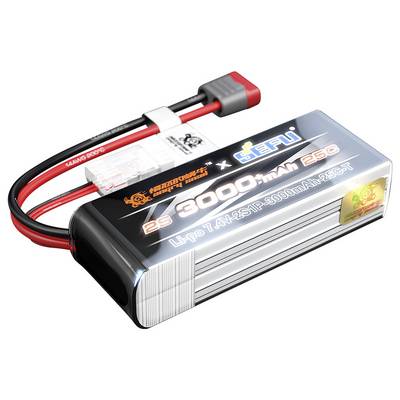 Un pack batterie LiPo 2S 7,4V 3000mAh avec des fils rouge et noir et un connecteur, étiqueté « 3000mAh 25C » et « SEFUI ».