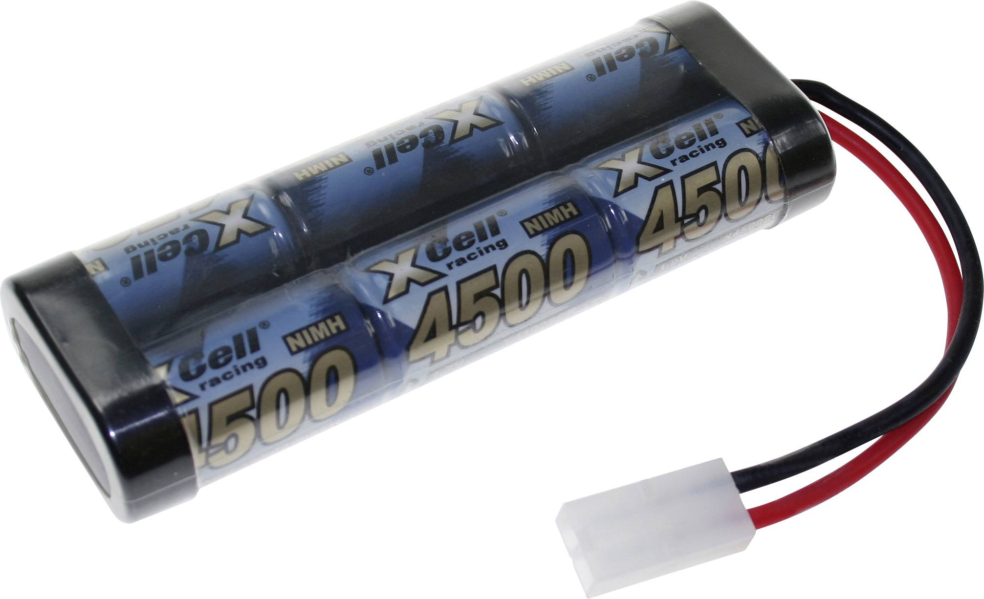 Un paquet de batteries cylindriques bleues étiquetées « XCell Racing 4500 NiMH » avec des fils rouge et noir et un connecteur blanc.